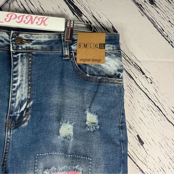High Waisted Distressed Denim Jeans with Pink Patches, New XXL (14) - Picture 5 of 14